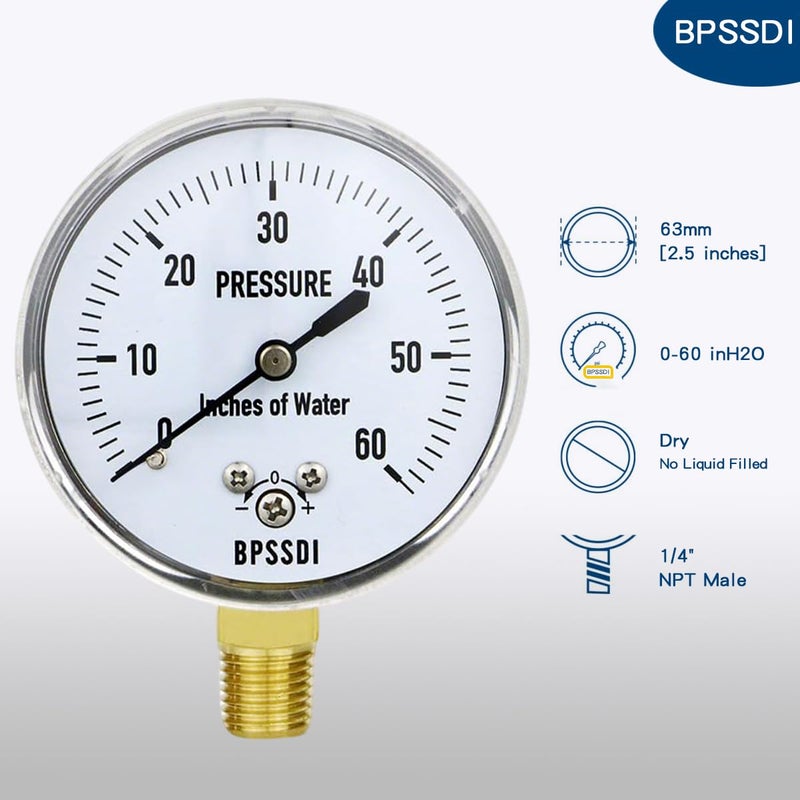 BPSSDI 0-60 Inches of Water Column Gauge, Low Pressure Gauge, Capsule Gauge, 304 Stainless Steel Case, 2.5" Dial Size, 1/4" NPT Lower Mount, Zero Adjustment, for Air Water Gas Pressure Test - Image 2